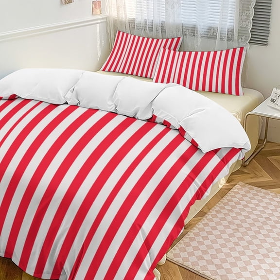 Red And White Vertical Stripes Duvet Cover Set Themed Multicolor Polyester Bedding Set for Bedroom Decoration
