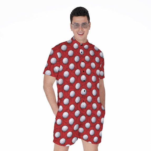 Red And White Volleyball Pattern Short Sleeve Men'S Rompers, Volleyball Player Sports Casual Summer Jumpsuits Outfit