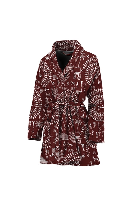 Red And White Warli Tribal Women Bathrobe One Size Univeral Fits, Indian Bohemian Floral Fashion Lightweight Plush Fleece Long Robe For Women