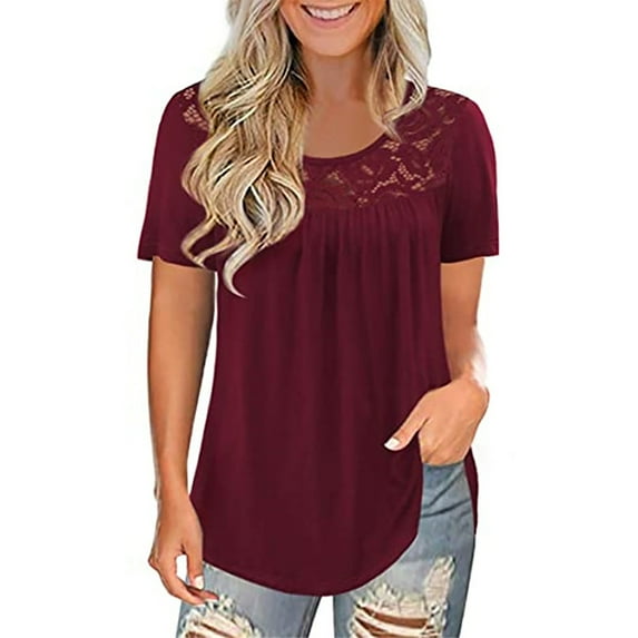 Red Androgynous Clothing, Polyester Womens T-Shirts, Short Sleeve Blouses for Women Dressy Casual, Casual Tops for Women Trendy, Solid Summer Tops With Sleeves, Splicing Western Outfit for Women