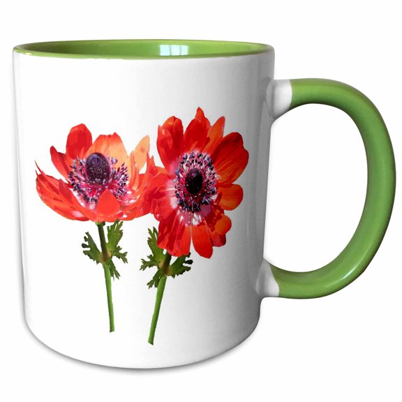3drose, Red Anemone Wildflower Vector Art, 11oz Two-tone Green Mug