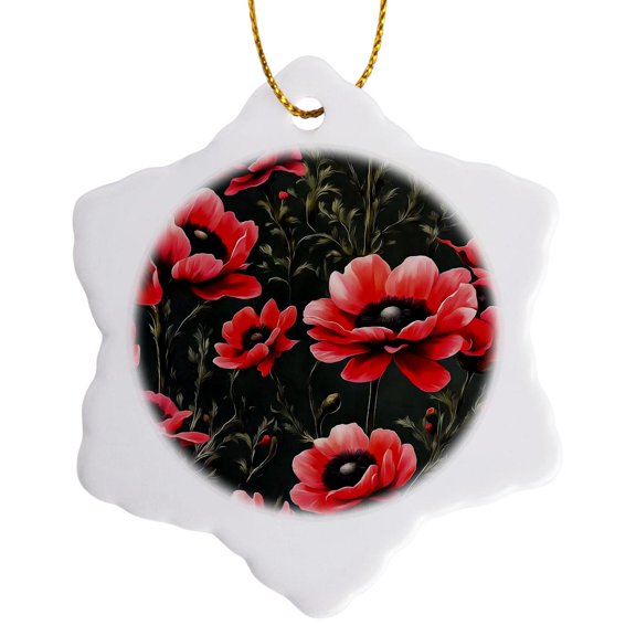 3drose, Red Anemones Wildflower Abstract Pattern, 3 inch Snowflake Porcelain Ornament