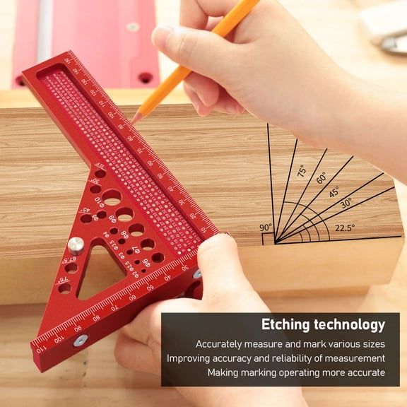 Red Anodized Aluminum 3D Multi-Angle Scribing Ruler with Pin, 22.5-90 Degree Woodworking Square, 150mm Scale
