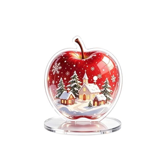 Red Apple Christmas Decoration with Clear Acrylic Base, Snowy Village Design, for Living Room Table Display
