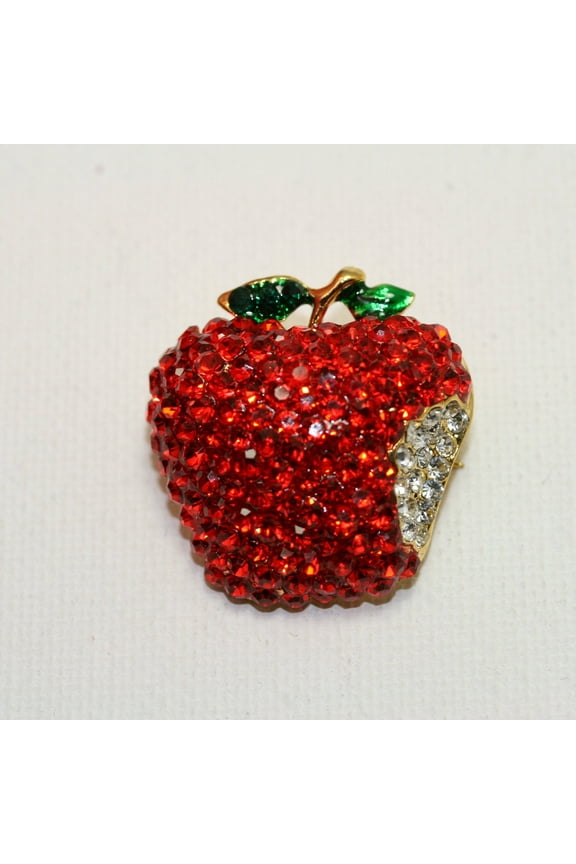 Red Apple Green Apple Bitten Rhinestone Crystal Statement Pin Brooch Genuine Shiny Teacher