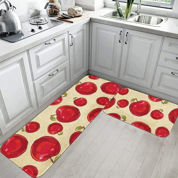 Red Apple Home Kitchen Rugs and Mats Non Skid Washable Set of 2, Farmhouse Apples Kitchen Mats for Floor, Vintage Kitchen Runner Rug, Fruits Kitchen Decor