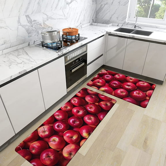 Red Apple Kitchen Floor Mat Rugs Set 2 Pcs Fruit Pattern Cushioned Non-Slip Waterproof Kitchen Mats Ergonomic Comfort Standing Mat for Kitchen, Floor Home, Laundry (17.3" x28" + 17.3" x 47")