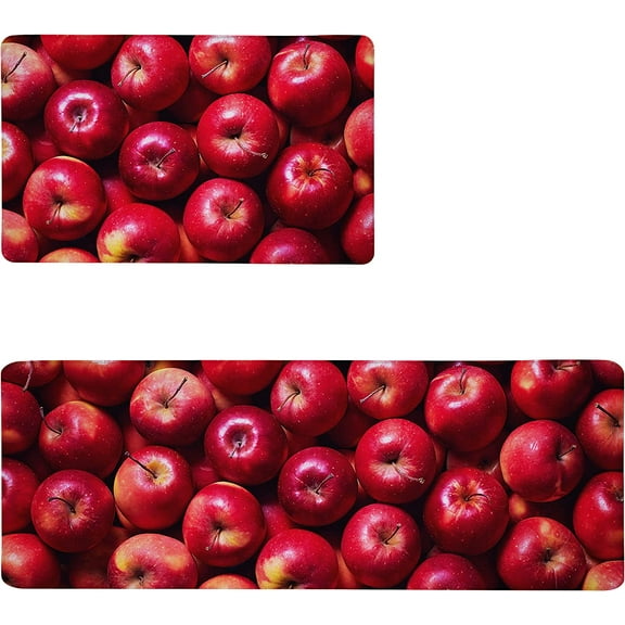 Red Apple Kitchen Floor Mat Rugs Set 2 Pcs Fruit Pattern Cushioned Non-Slip Waterproof Kitchen Mats Ergonomic Comfort Standing Mat for Kitchen, Floor Home, Laundry (17.3" x28" + 17.3" x 47")