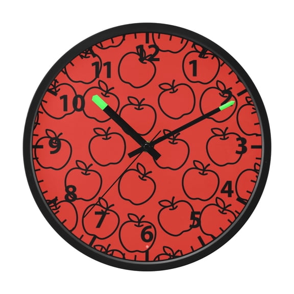 Red Apple Pattern Wall Clock 12 Inch Voice Activated Night Light Silent Non Ticking