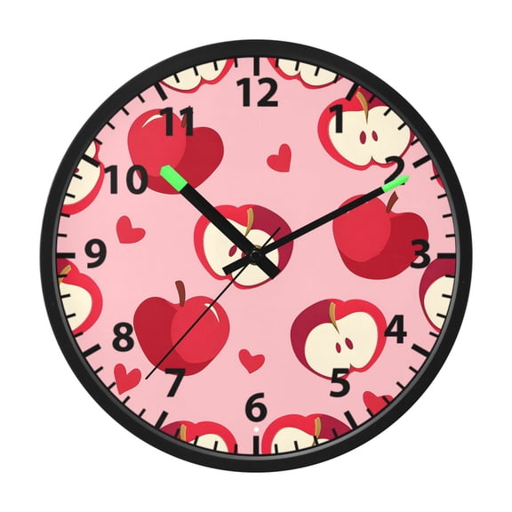 Red Apple Pattern Wall Clock 12 Inch Voice Activated Night Light Silent Non Ticking