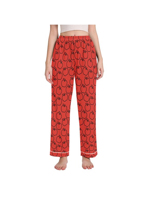 Red Apple Pattern Women's Pajama Pants Straight Leg Sleep Bottoms with Pockets Contrast Trim Lounge Pants for Women Medium