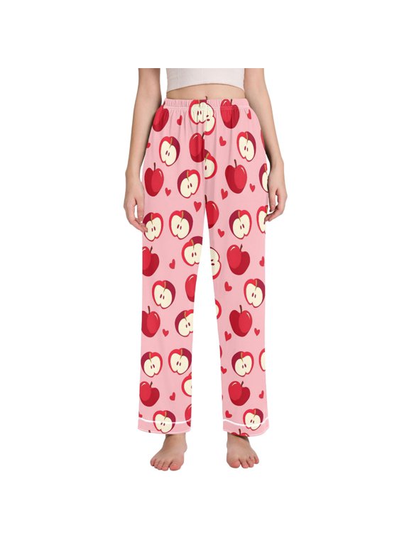 Red Apple Pattern Women's Pajama Pants Straight Leg Sleep Bottoms with Pockets Contrast Trim Lounge Pants for Women X-Large