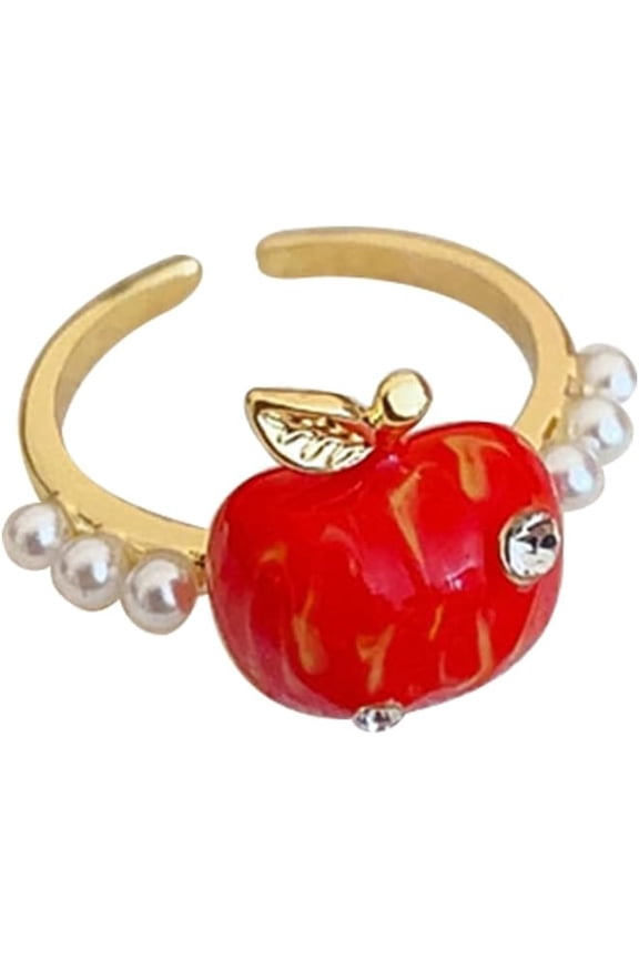 Red Apple Ring for Women 14K Gold Plated Adjustable Open Band Dainty Stackable Fruit Rings Cute Comfort Fit Finger CZ Pearl Sweet Graduation Jewelry for Teacher Best Friend