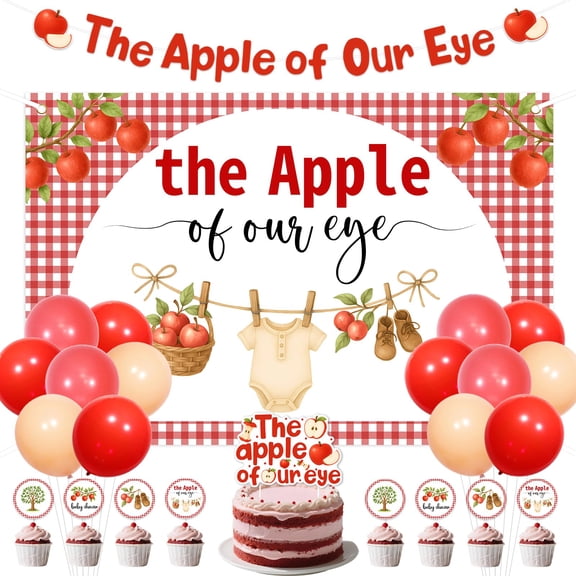 Red Apple Theme Baby Shower Decorations Backdrop Banner Cake Topper Balloons 1 Set