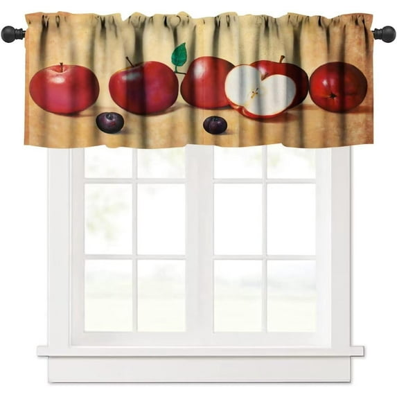 Red Apple Valance Curtains for Kitchen Window, Original Oil Painting Art Fresh Fruit Apples Plums Rod Pocket Window Valances for Bedroom Living Room Cafe, 54x18in