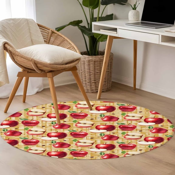 Red Apples 3.3ft Round Rug for Bedroom Reading Corner, Fruit Whole Sliced on Natural Woods Washable Non Slip Circle Area Rug