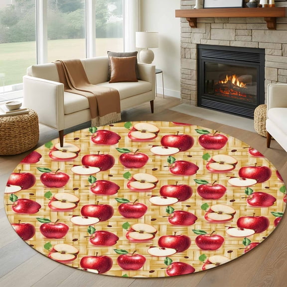 Red Apples 8FT Round Area Rugs for Living Room Fruit Whole Sliced on Natural Woods Ultra-Thin Non-Slip Round Rugs Machine Washable Low Pile Circle Carpet for Bedroom Kitchen Nursery