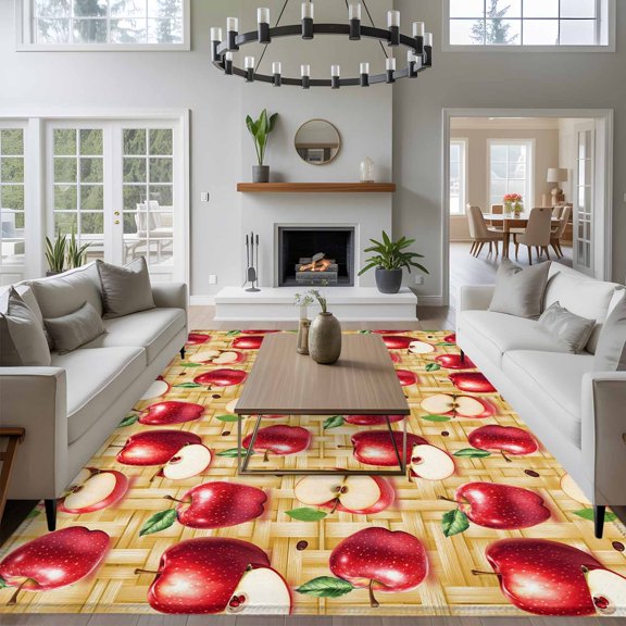 Red Apples 8x10 Area Rug for Living Room Sectional Sofa, Fruit Whole Sliced on Natural Woods Washable Non Slip Large Rectangle Area Rug