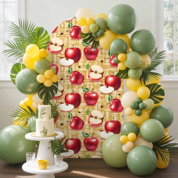 Red Apples Arch Backdrop Cover, 5FT, Fruit Whole Sliced on Natural Woods Spandex Arch Covers Double-Sided Backdrop for Wedding Birthday Party Photo Background Decoration