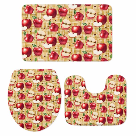 Red Apples Bathroom Rugs Set Fruit Whole Sliced on Natural Woods Non Slip Absorbent Soft Bath Mats 3 Piece Set with Bathroom Rug, U-Shaped Floor Mat, Toilet Seat Cover Large Size
