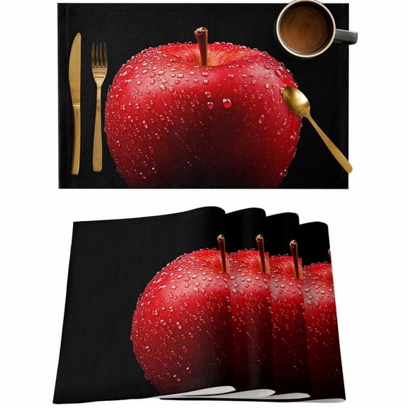Red Apples on Black Placemats Set of 4,Wipeable Washable Table Mats for Dining Tables,Farm Fruit Water Drops Place Mats for Kitchen Event Party Tabletop Decor