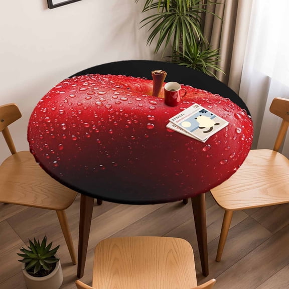 Red Apples on Black Round Fitted Tablecloth with Elastic Edge,Waterproof Table Cloth Fits Tables Up to 45"-54",Wipeable Washable Table Cover for Indoor Outdoor Dinning Party,Farm Fruit Water Drops