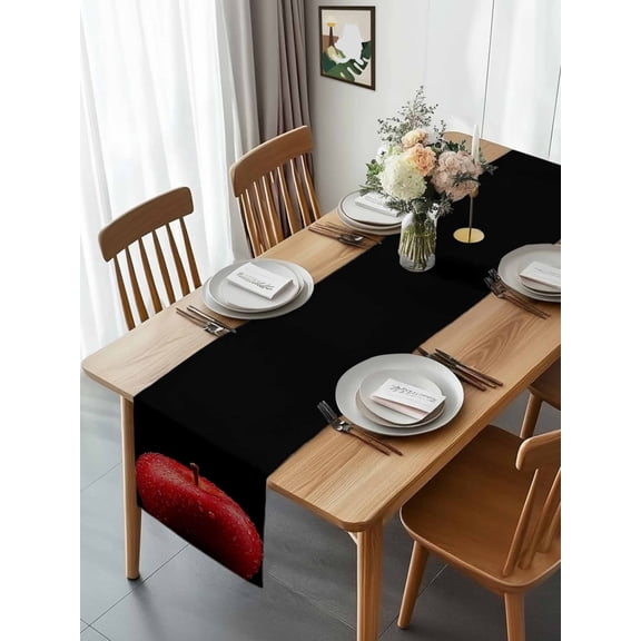 Red Apples on Black Table Runner 13x70in Non-Slip Cotton Linen Table Runners, Farm Fruit Water Drops Dresser Scarves TableRunner for Dinner Kitchen Dining Wedding Party