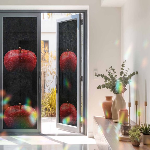 Red Apples on Black Window Privacy Film, Rainbow Film Decorative Window Sticker 23.6x78.7in, Farm Fruit Water Drops Sun Blocking Static Stained Glass Cling Tint Non-Adhesive