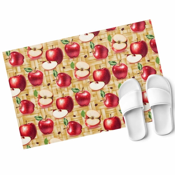 Red Apples Door Mat Fruit Whole Sliced on Natural Woods Non Slip Absorbent Entrance Mat Washable Low Profile Indoor Doormat for Front Door Entryway Entry 16"x24"