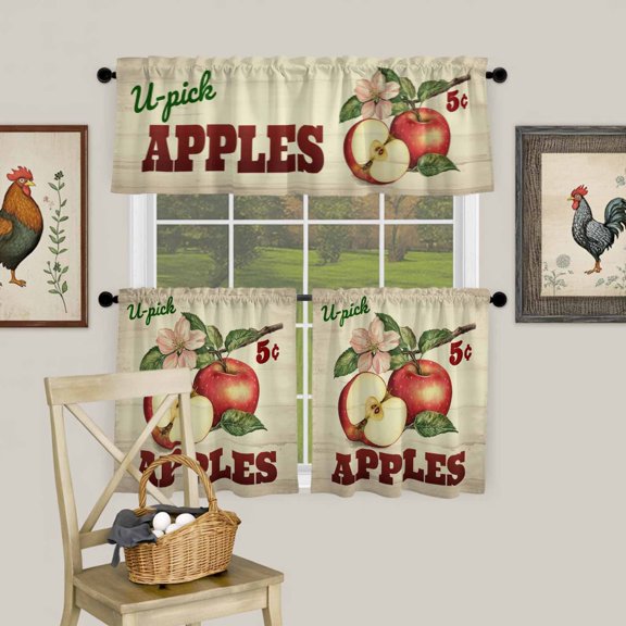 Red Apples Farm Fruit Curtain Tier and Valance Set 3 Piece, Vintage Flower Leaves 3-inch Rod Pocket Window Tier Curtains Valance for Kitchen Living Room