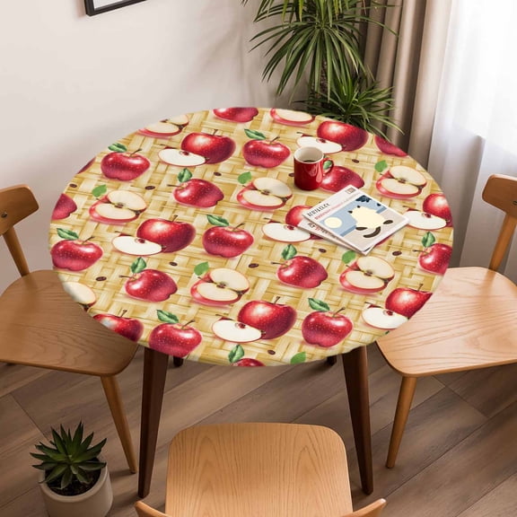 Red Apples Farm Fruit Round Fitted Tablecloth with Elastic Edge,Waterproof Table Cloth Fits Tables Up to 45"-54",Wipeable Washable Table Cover for Indoor Outdoor Dinning Party,Retro Weave Art