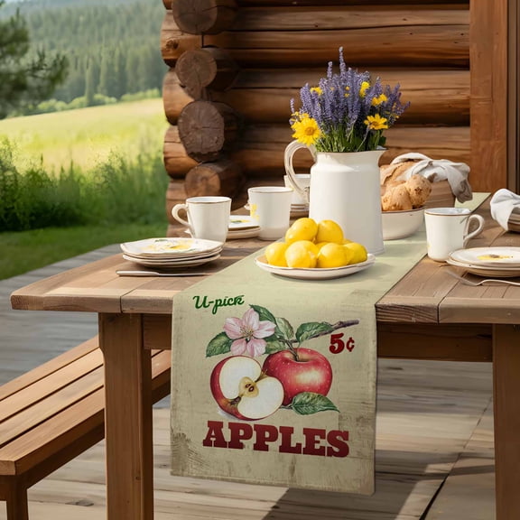 Red Apples Farm Fruit Table Runner 13x72in Non-Slip Cotton Linen Table Runners, Vintage Flower Leaves Dresser Scarves TableRunner for Dinner Kitchen Dining Wedding Party