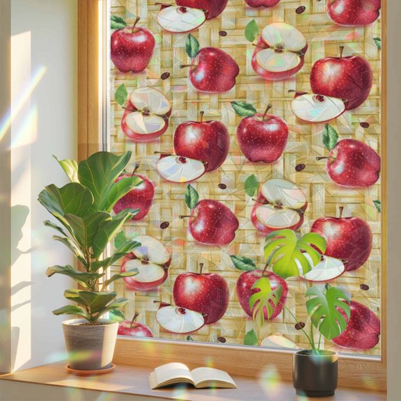 Red Apples Farm Fruit Window Privacy Film, Rainbow Film Decorative Window Sticker 17.7x39.3in, Retro Weave Art Sun Blocking Static Stained Glass Cling Tint Non-Adhesive