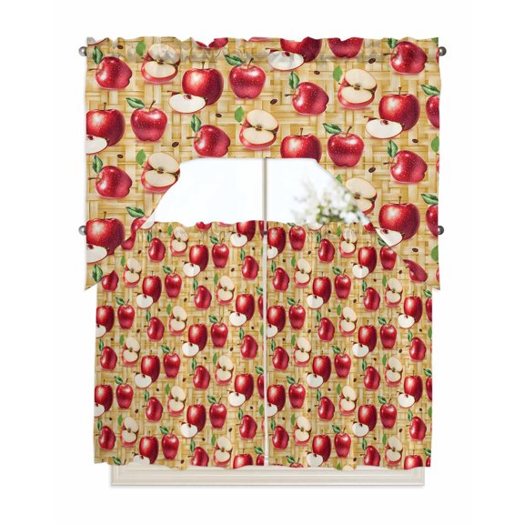 Red Apples Kitchen Curtains Swag Valance and Tier Curtains Set 36 Inch Length, Yellow Weave Fruits Country Rustic Rod Pocket Drape Panels Pair Swag Curtains for Bathroom/Cafe/Window