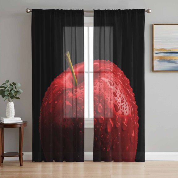 Red Apples Painting Chiffon Sheer Curtains 84 Inches Long, Water Drop Fruit on Black 2 Rod Pocket Window Treatment Voile Drapes Curtains for Living Room Bedroom,2 Panels, 52x84In