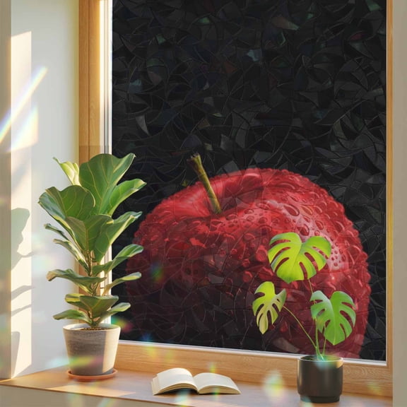 Red Apples Painting Window Privacy Film, Rainbow Film Decorative Window Sticker 17.7x39.3in, Water Drop Fruit on Black Sun Blocking Static Stained Glass Cling Tint Non-Adhesive