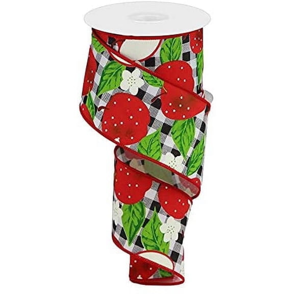 Red Apples Plaid Wired Ribbon - 2 1/2" x 10 Yards, Black & White Checks, Easter, Fall Decor, Christmas, Wreath, Gift Basket