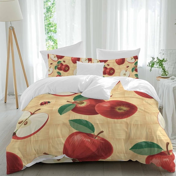 Red Apples Queen Size Comforter Set, Country Fruits Ladybug Farmhouses Plaid Bedding for All Seasons, 4 Pcs Bed Set, 1Quiltcover (90"x92") ,1Sheet(94"x116"), 2Pillowcases (30"x20")