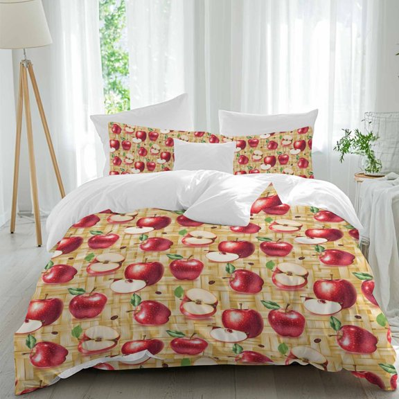 Red Apples Queen Size Comforter Set, Fruit Whole Sliced on Natural Woods Bedding for All Seasons, 4 Pcs Bed Set, 1Quiltcover (90"x92") ,1Sheet(94"x116"), 2Pillowcases (30"x20")