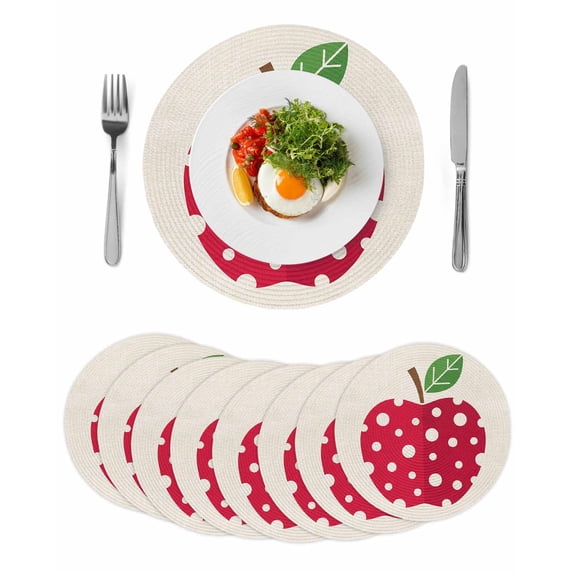 Red Apples Round 15 Inch Placemats Set of 8, Watercolor Botanical Modern Abstract Art HeatResistant Non Slip Place Mats for Dining Table, Wipeable Braided Kitchen Table Mats for Housewarming