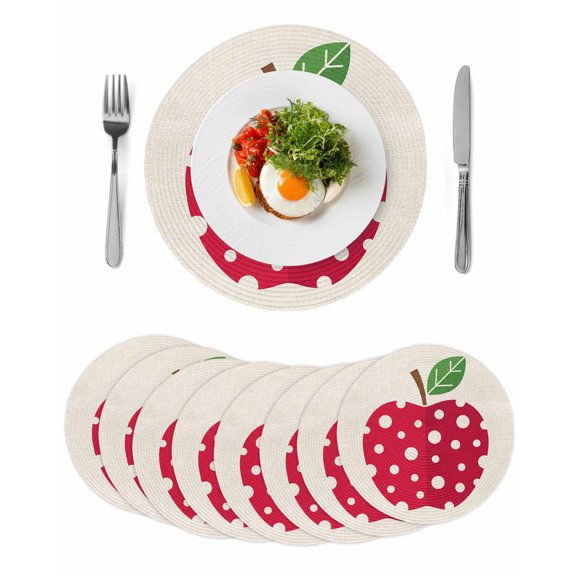 Red Apples Round 15 Inch Placemats Set of 8, Watercolor Botanical Modern Abstract Art HeatResistant Non Slip Place Mats for Dining Table, Wipeable Braided Kitchen Table Mats for Housewarming