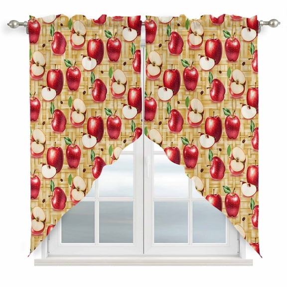 Red Apples Swag Curtain Valance for Window 2 Panels Fruit Whole Sliced on Natural Woods Rod Pocket Small Window Swag Valances for Kitchen Bedroom Bathroom 36" W x 63" L