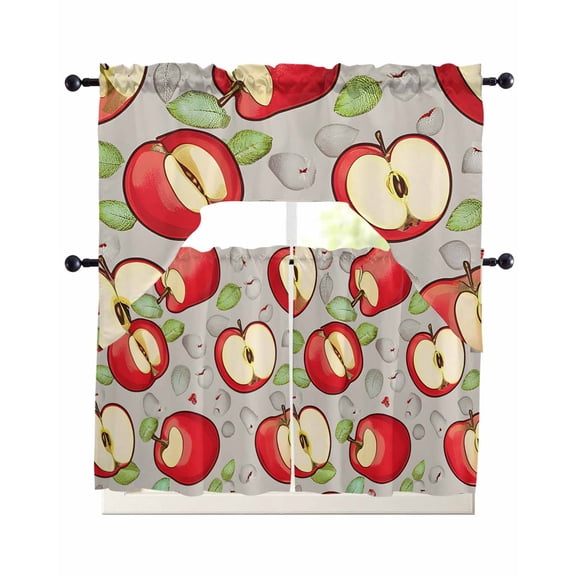 Red Apples Swag Curtains for Living Room/Bedroom Windows, Summer Fruits Grey Modern Art Kitchen Curtains and Valances Set 36 Inch Length, Light Filtering Swags Valance Curtain Panels