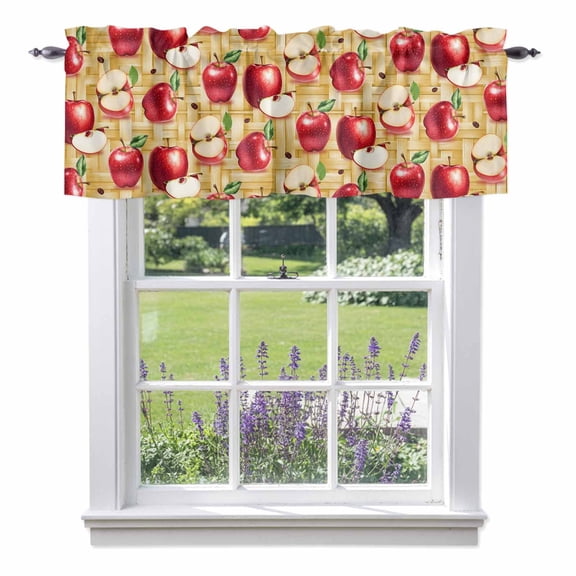 Red Apples Valances for Windows, Fruit Whole Sliced on Natural Woods Valance Window Treatment Rod Pocket Short Curtains Valances for Kitchen Bathroom 42"W x 12"L