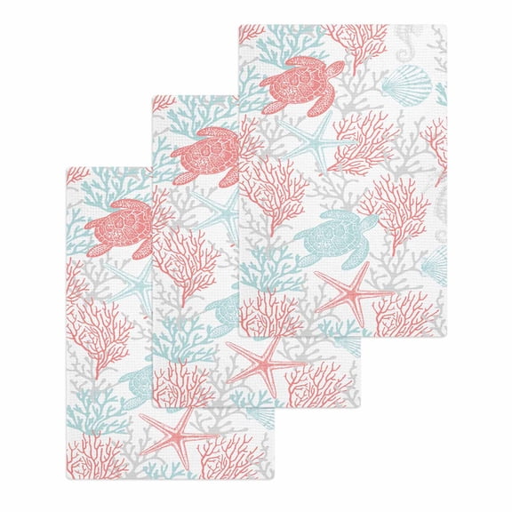 Red Aqua Coastal Hand Towels Set,Waffle Weave Kitchen Towels 3 Pieces,Sea Turtle Nautical Coral Summer Beach Microfiber Hair Face Bath Tea Towel Absorbent Cleaning Dish Cloths,15.7"x23.6"