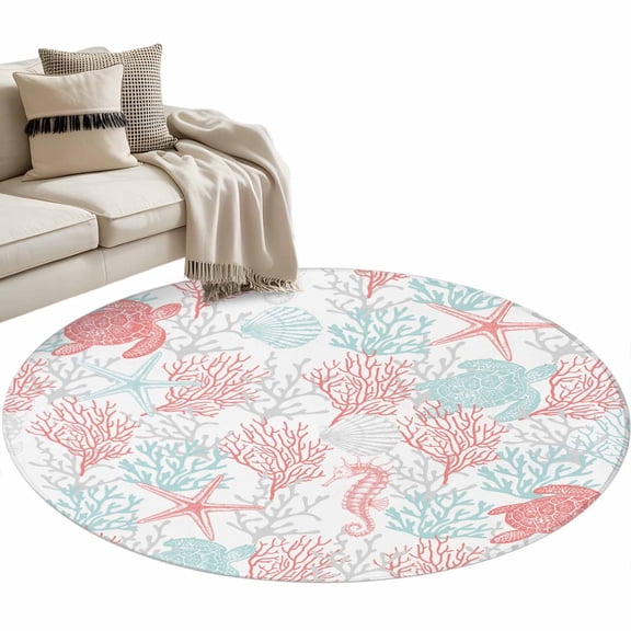 Red Aqua Coastal Large Area Rugs for Bedroom Living Room, Soft Non Slip Carpet Bedside Rug, Sea Turtle Nautical Coral Summer Beach Round Floor Cover Kitchen Accent Rug 3' for Dining Room/Office