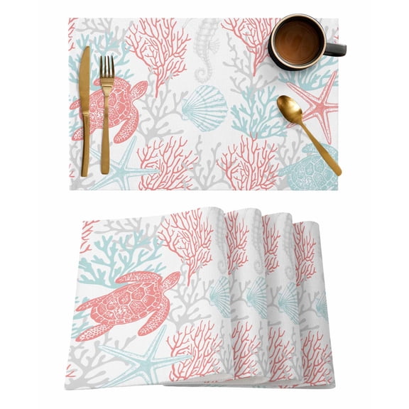 Red Aqua Coastal Placemats Set of 4, Sea Turtle Nautical Coral Summer Beach Placemats for Dining Table, Place Mats for Kitchen Tabletop, Waterproof Wipeable Dining Table Mats Set