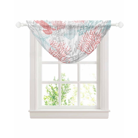 Red Aqua Coastal Sheer Waterfall Valance Curtains for Window, Sea Turtle Nautical Coral Summer Beach Rod Pocket Sheer Topper Swag Curtains for Living Room, Kitchen 38.5"W x 47.2"L, 1 Panel