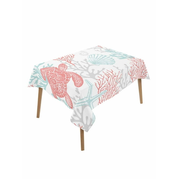 Red Aqua Coastal Table Cloth, Sea Turtle Nautical Coral Summer Beach Waterproof Tablecloth for Rectangle Tables, Reusable Washable Fabric Table Cover for Restaurant Kitchen Dining Tables 60"x102"