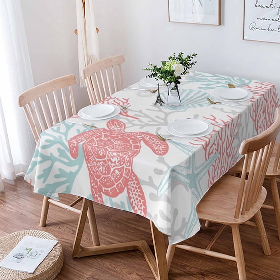 Red Aqua Coastal Tablecloth Rectangle Table Cloth 60x102 , Waterproof Tablecloth Outdoor Table Cloth, Sea Turtle Nautical Coral Summer Beach Washable Table Cover for Kitchen Dining Party